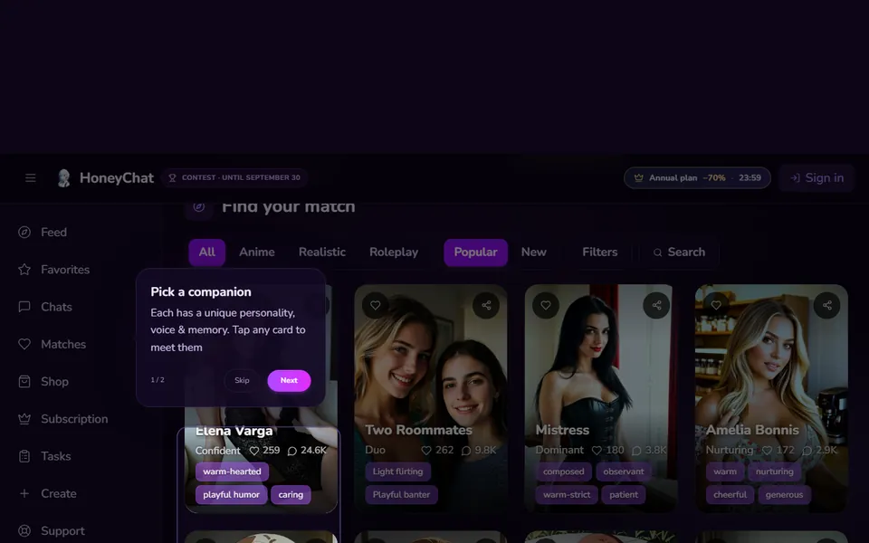 The honeychat.bot feed: cards with traits, chat counts and voice — opens without an account