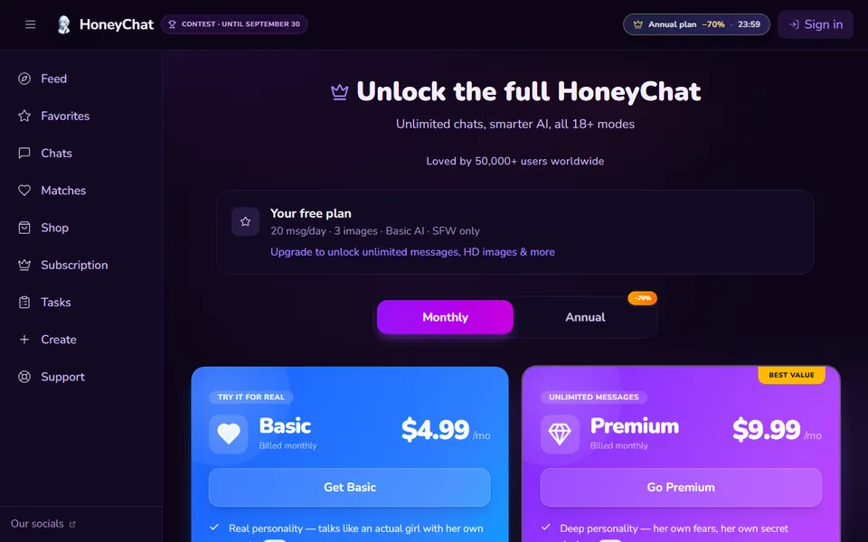 honeychat.bot/en/pricing: prices visible without login — Basic $4.99, Premium $9.99 a month; free plan 20 messages and 3 images a day